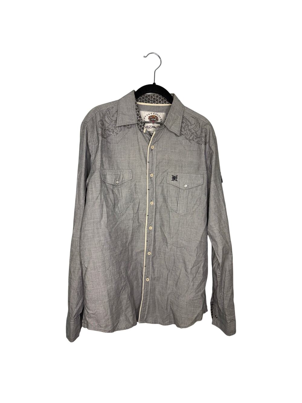 Ed Hardy Button Up Streetwear Shirt Gray Men's Size Medium Y2K Eagle